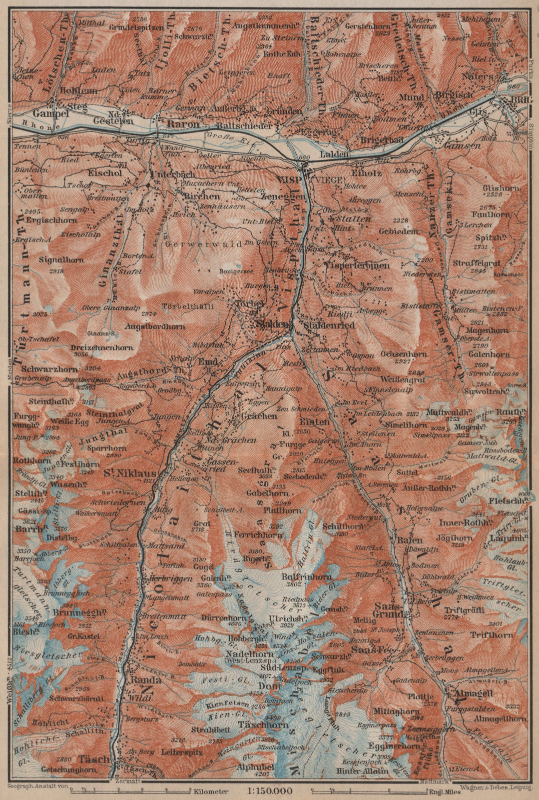 STALDEN/SAAS-FEE AREA. Mischabel Group Grächen Dom Raron Randa Visp 1899 map